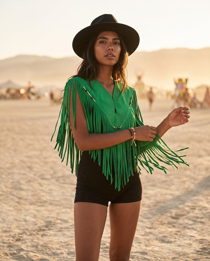 Sierra Fringe Leather Poncho Kelly Green