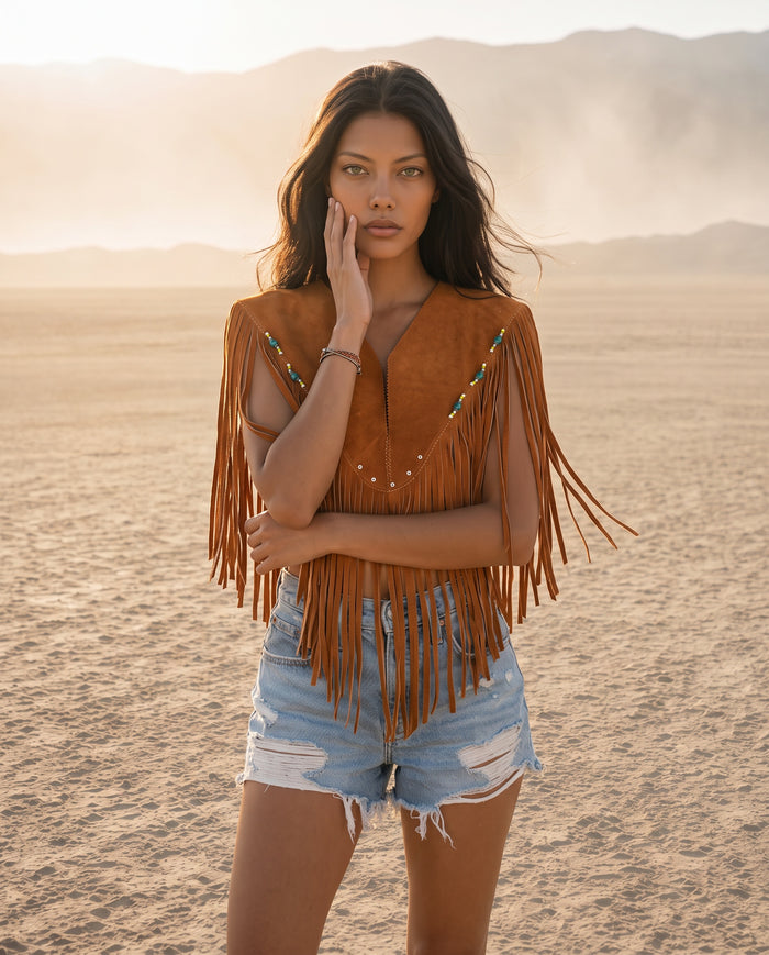 Sierra Fringe Suede Poncho Cognac