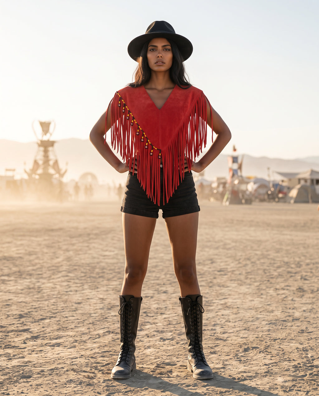 Sierra Fringe Suede Poncho Scarlet Red