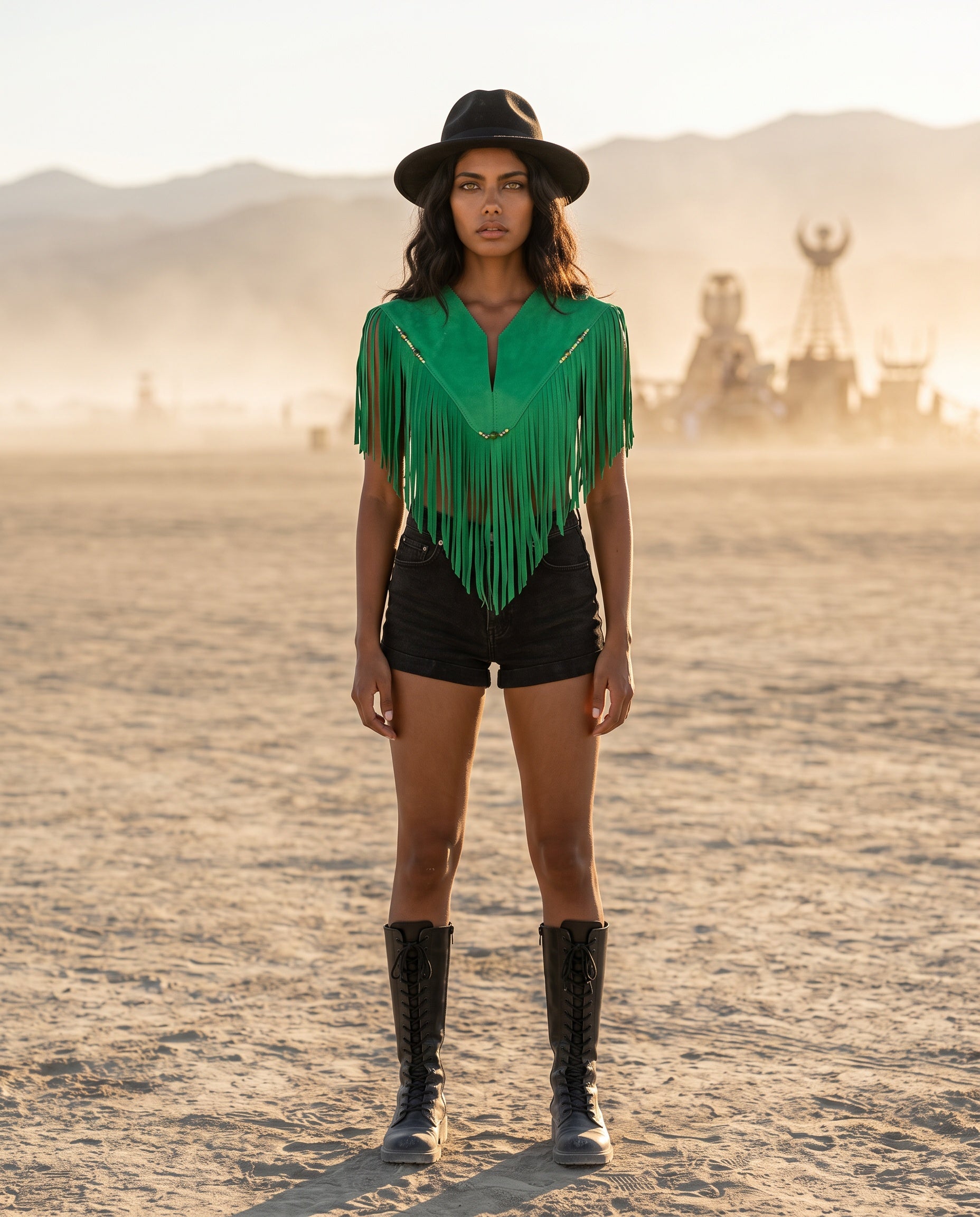 Sierra Fringe Leather Poncho Kelly Green