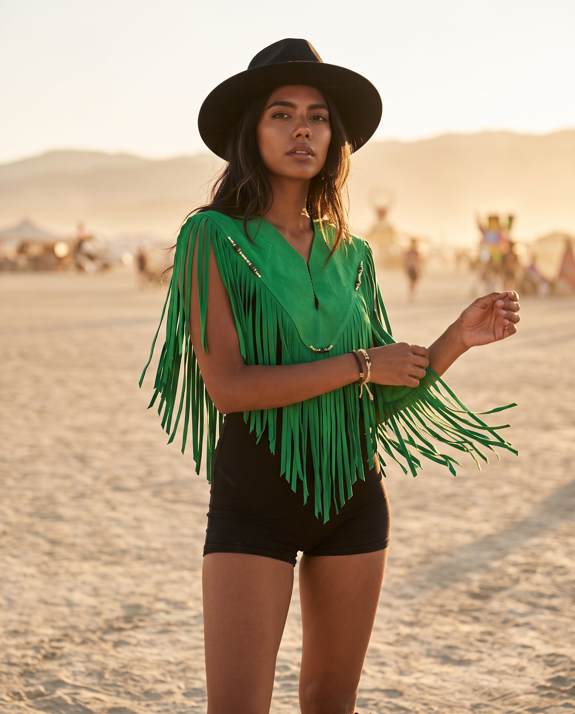 Sierra Fringe Leather Poncho Kelly Green