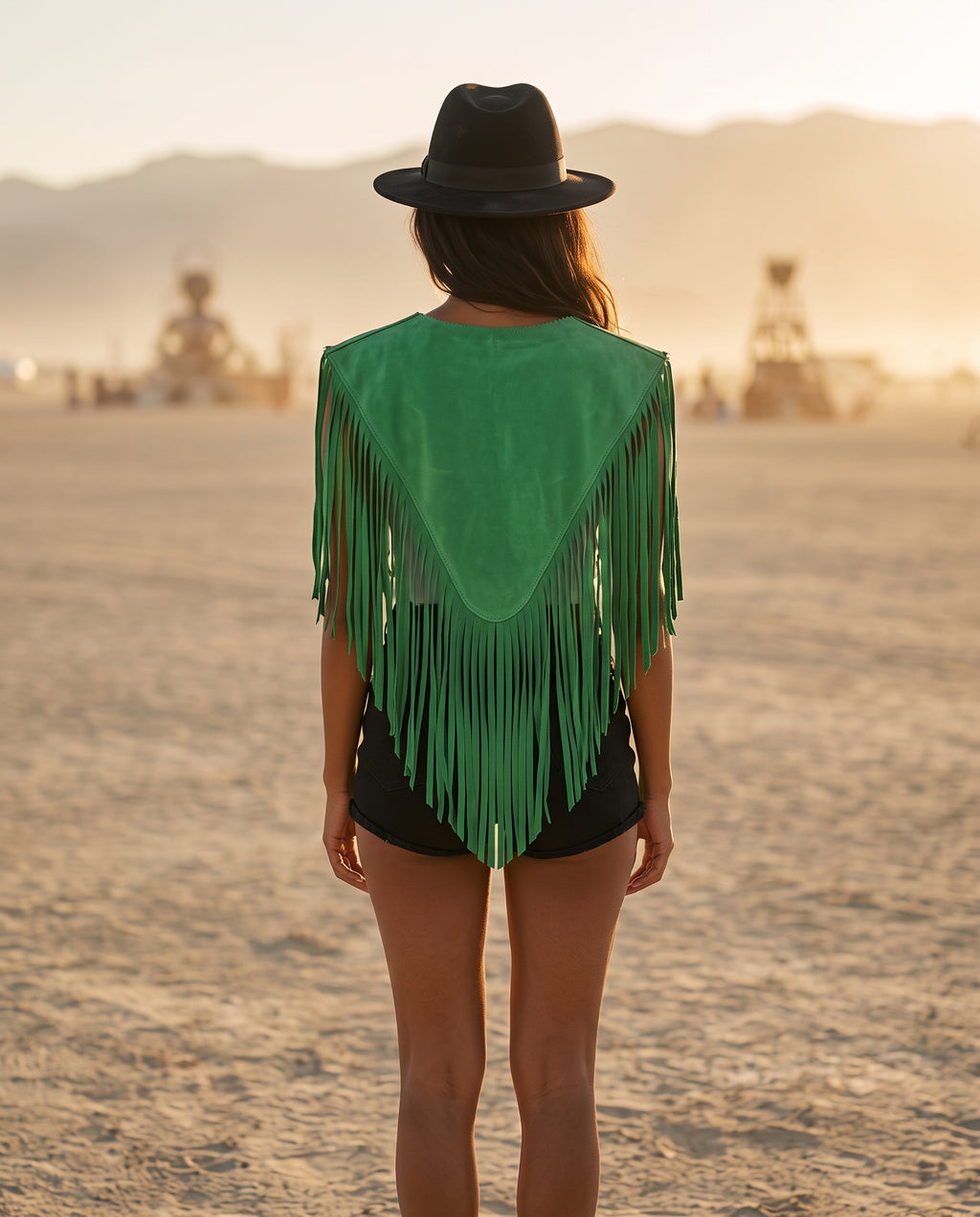 Sierra Fringe Leather Poncho Kelly Green