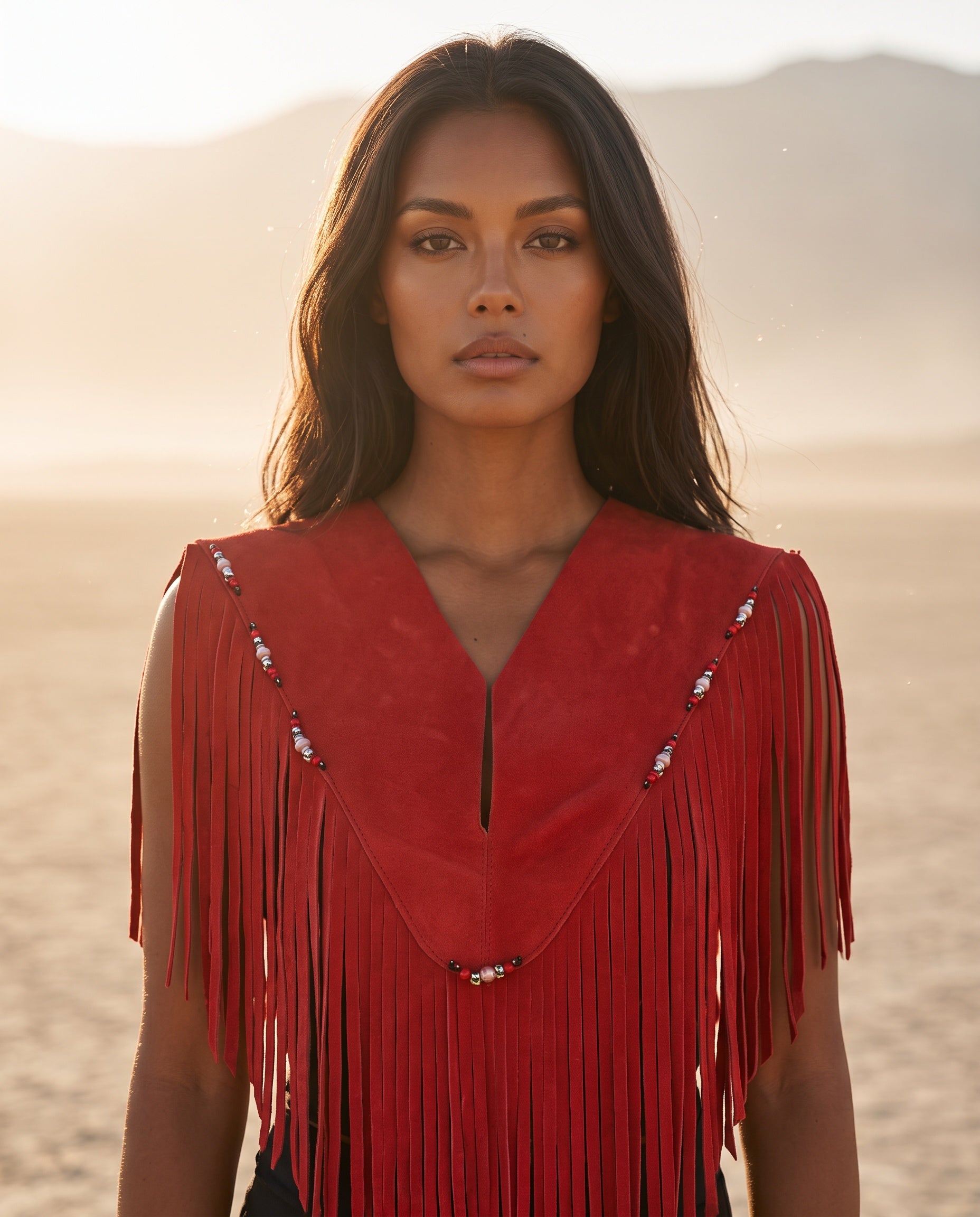 Sierra Fringe Suede Poncho True Red
