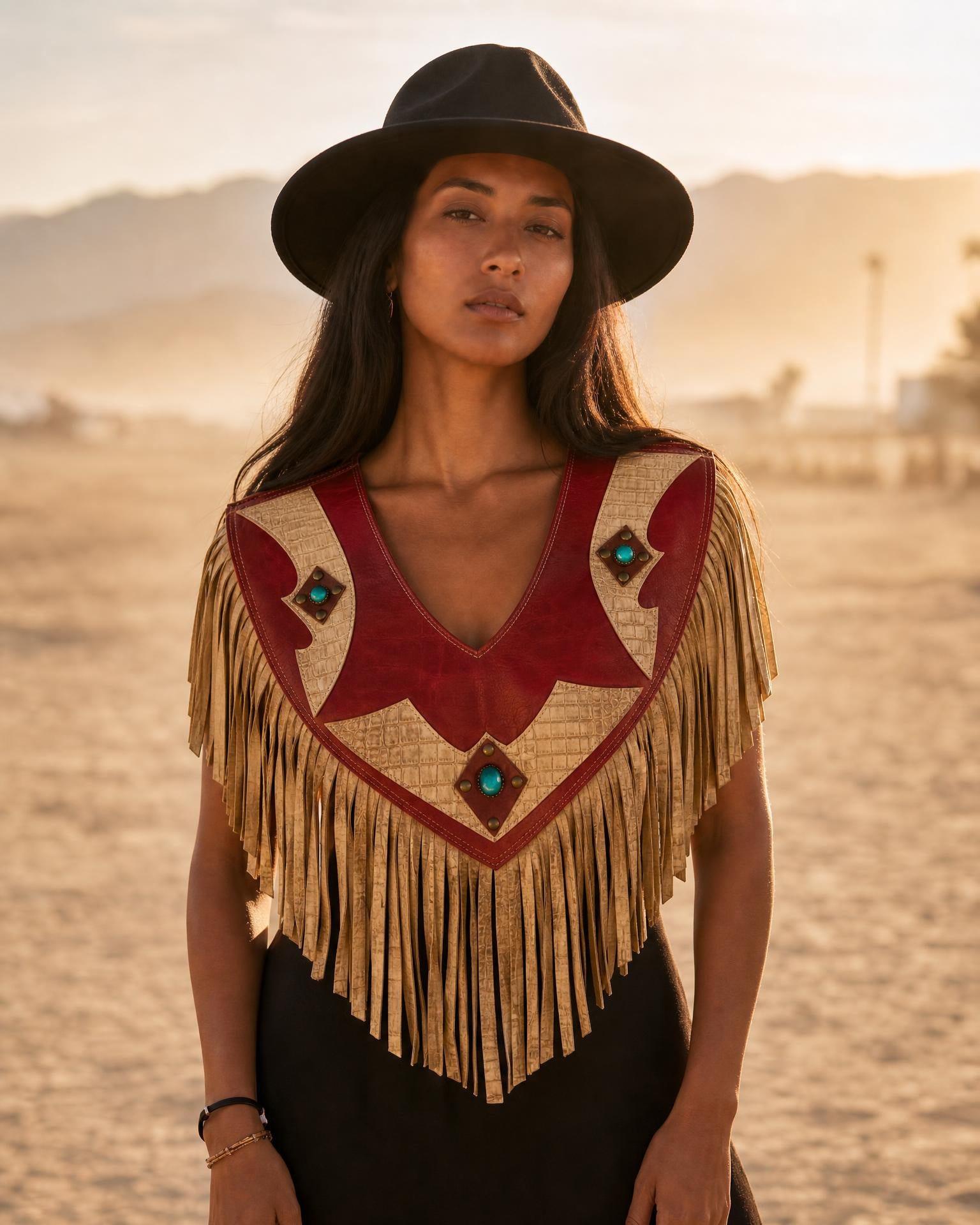 The Wild Spirit Leather Poncho Scarlet Mesa